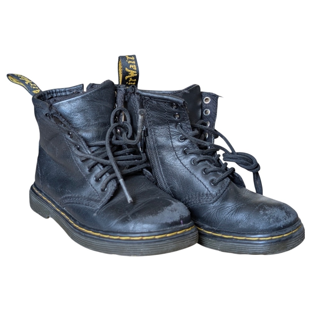 Dr Martens 1460‎ T Black Leather Ankle Boots Kids US 9 UK 8 Zip Up Lace Up